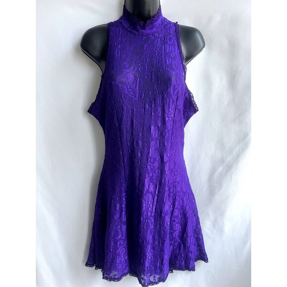 Vintage New Concept Purple Lace Overlay Mini Dress Fit n Flare Size L Retro Cute - Picture 1 of 10